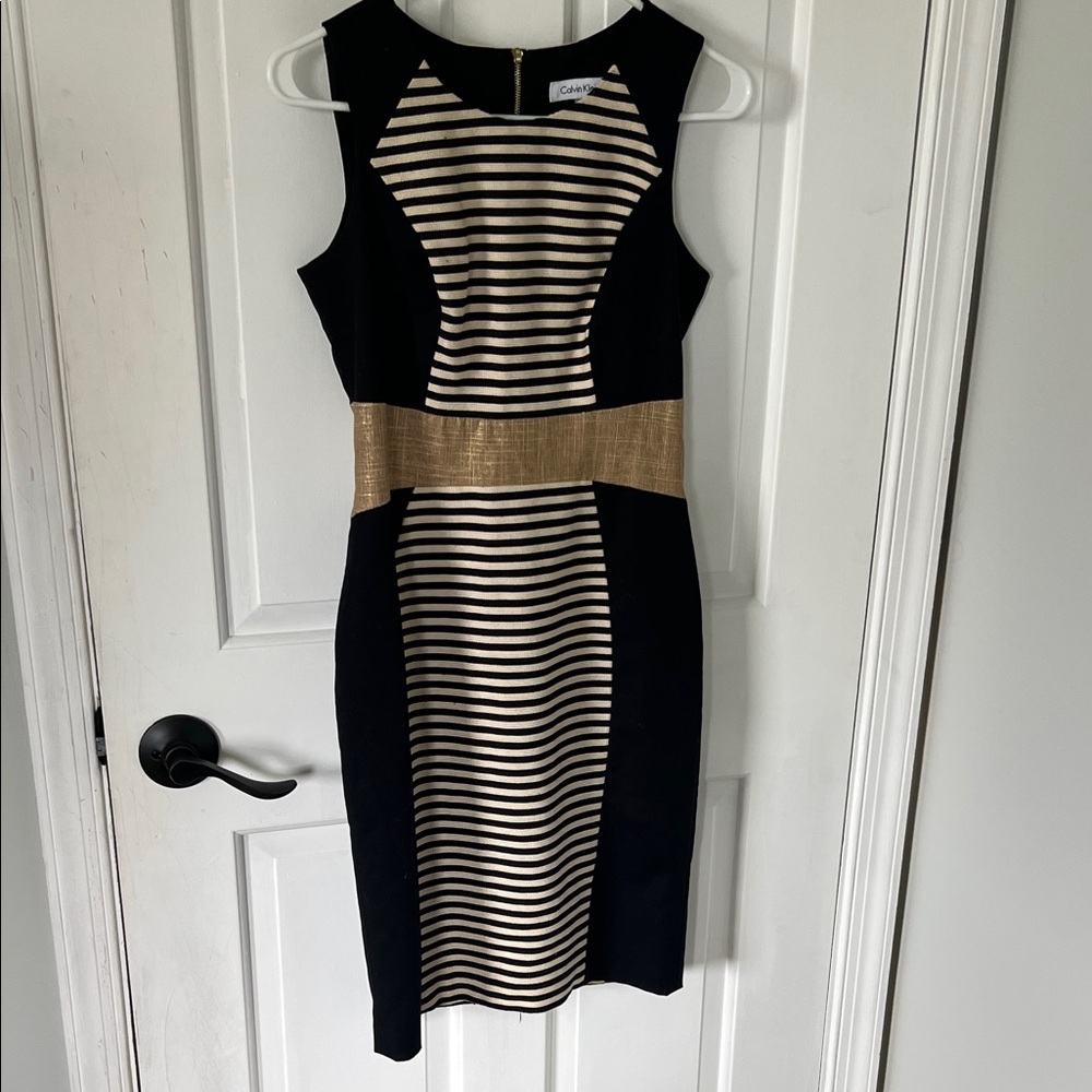Calvin Klein Black and Gold Panel Midi Dress